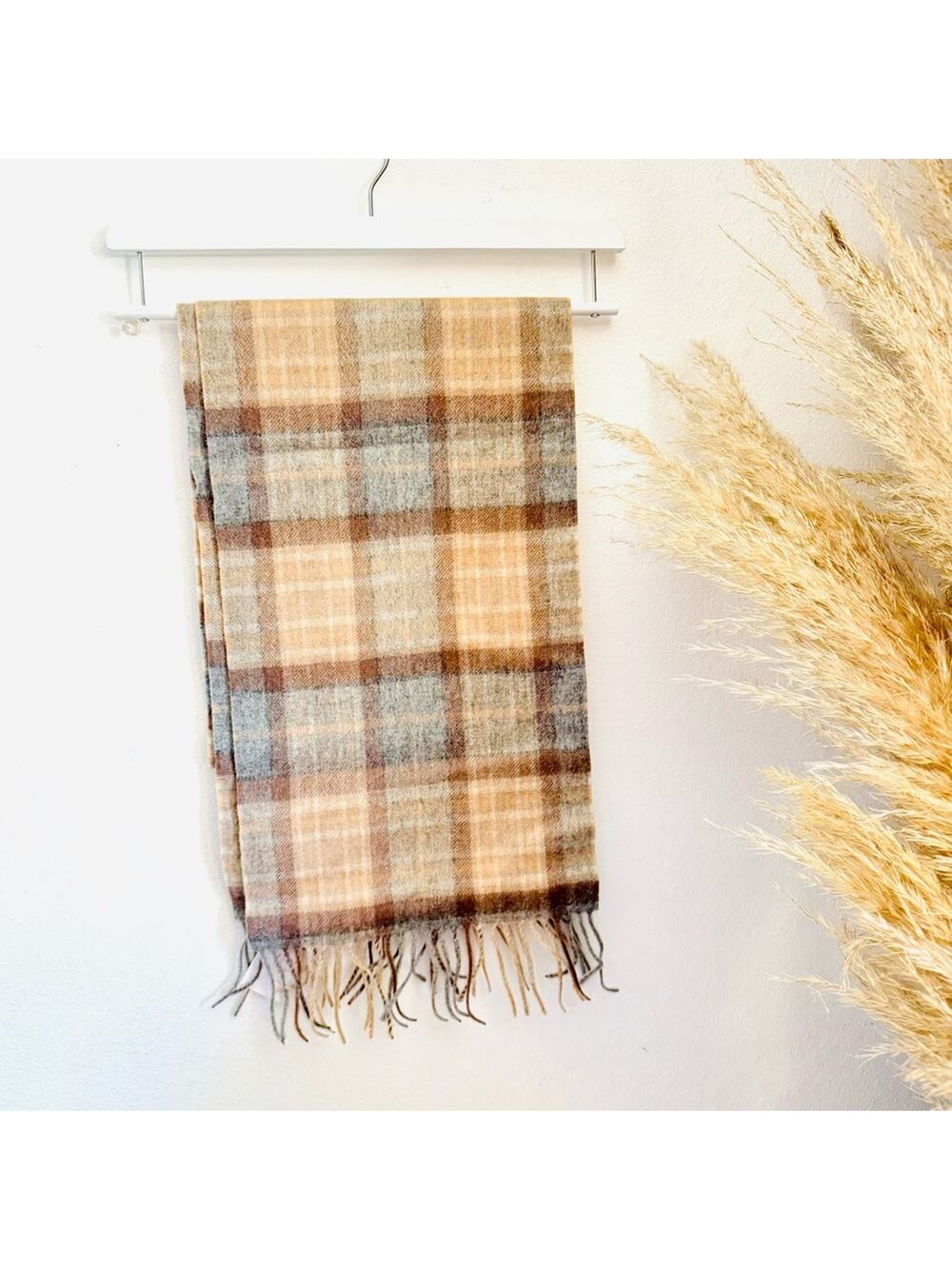 NEW EDINBURGH Beige Soft Blue Tan Cashmere Tartan Plaid Tassel Cozy Scarf Wrap